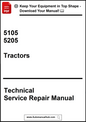Technical service repair manual for 5105 and 5205 tractors with a download offer on a white background.