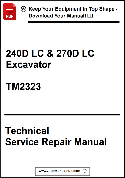 Technical service repair manual for 240D LC & 270D LC Excavator with TM2323 on a white background.