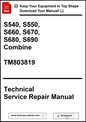 Technical Service Repair Manual for agricultural equipment models S540 to S690 with a download prompt.