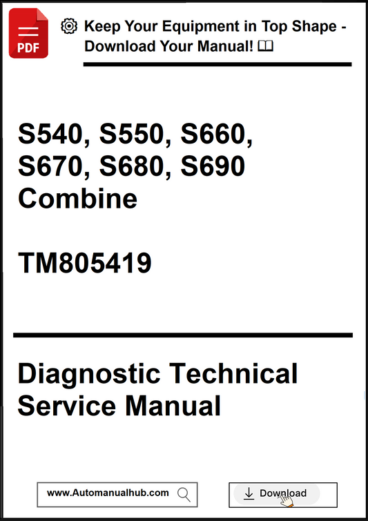 Diagnostic technical service manual for agricultural equipment models S540 to S690, with a download prompt.