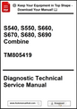 Diagnostic technical service manual for agricultural equipment models S540 to S690, with a download prompt.