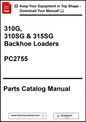 Parts catalog manual for 310G, 310SG & 315SG Backhoe Loaders with download options.