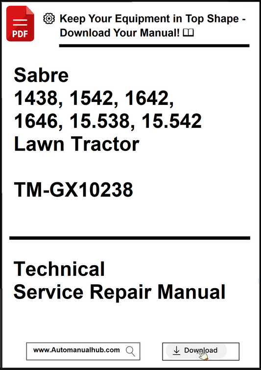 Technical Service Repair Manual for Sabre lawn tractors with contact information.