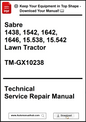 Technical Service Repair Manual for Sabre lawn tractors with contact information.