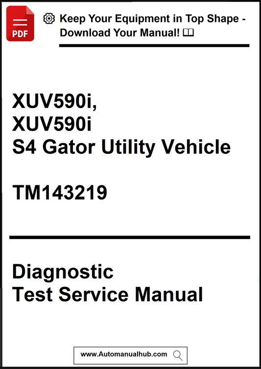Cover of a diagnostic test service manual for XUV590i and XUV590i S4 Gator Utility Vehicle with a download prompt.