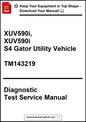 Cover of a diagnostic test service manual for XUV590i and XUV590i S4 Gator Utility Vehicle with a download prompt.