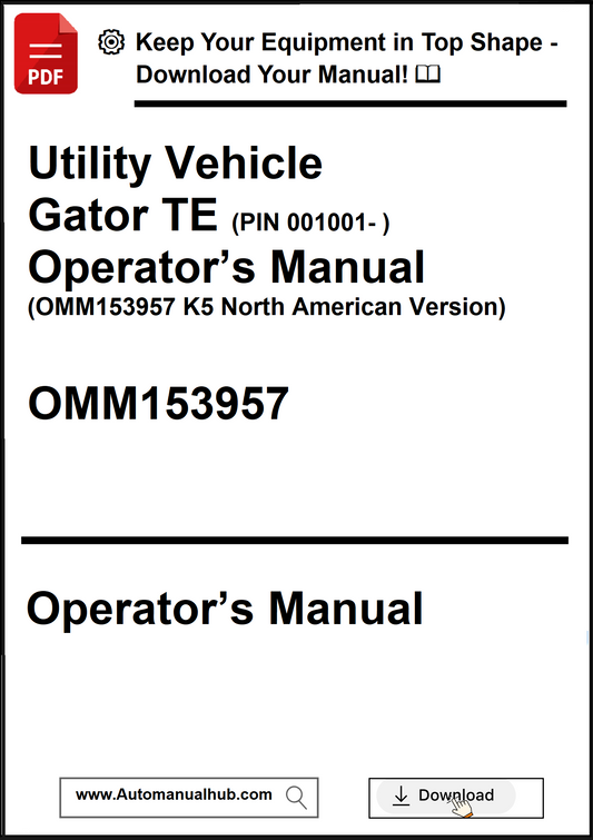 Utility Vehicle Gator TE operator's manual with download prompt on a white background