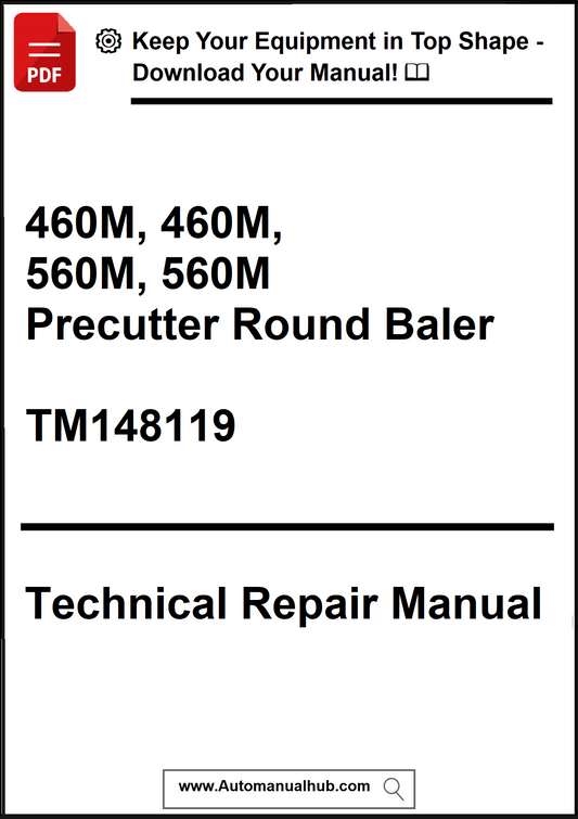 Technical repair manual for 460M and 560M precutter round balers with a download prompt.