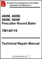 Technical repair manual for 460M and 560M precutter round balers with a download prompt.