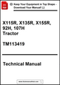 Technical manual cover for X115R, X135R, X155R, 92H, 107H Tractor with TM113419 on a white background.