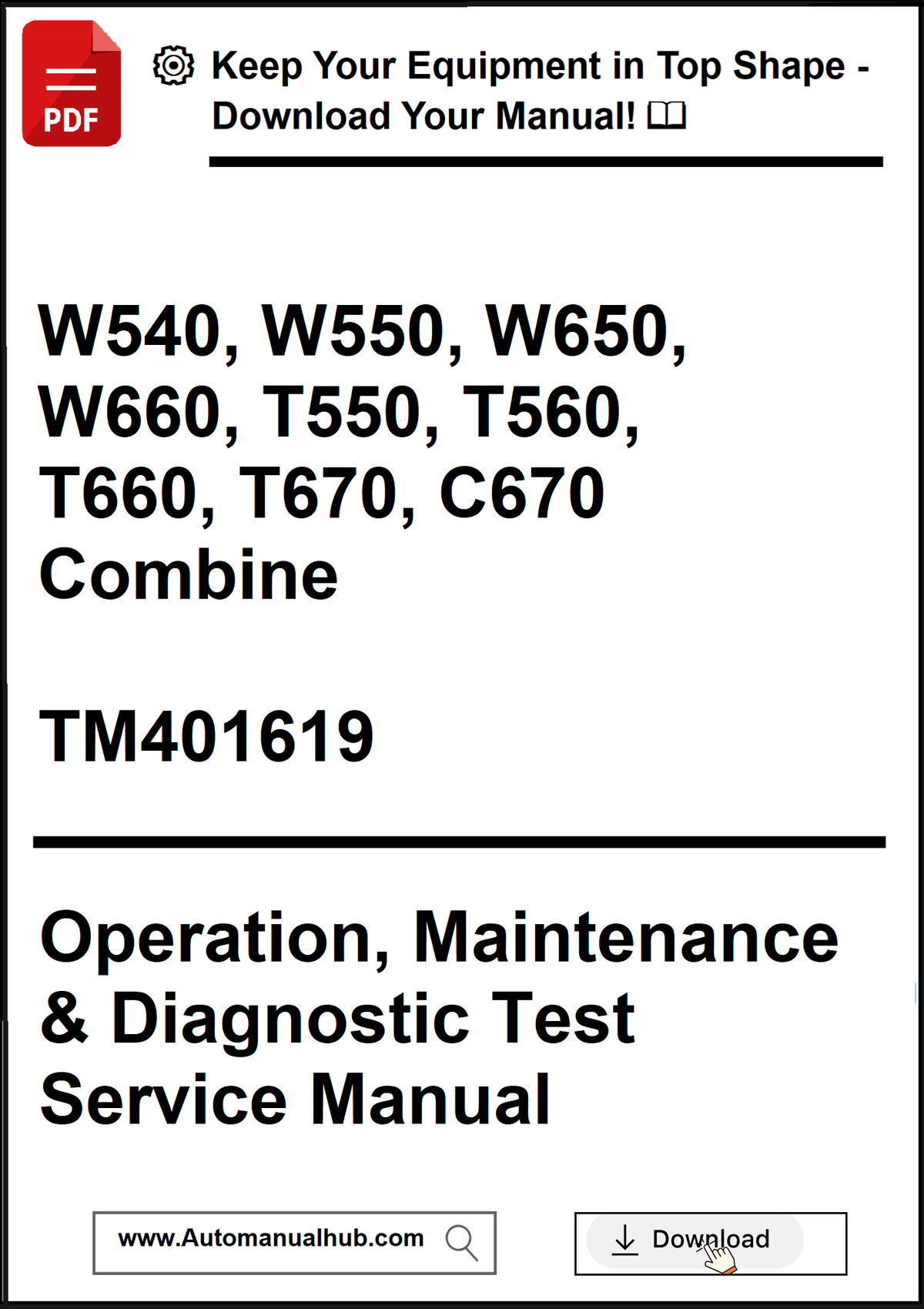 Manual cover for agricultural equipment with text and a download button.