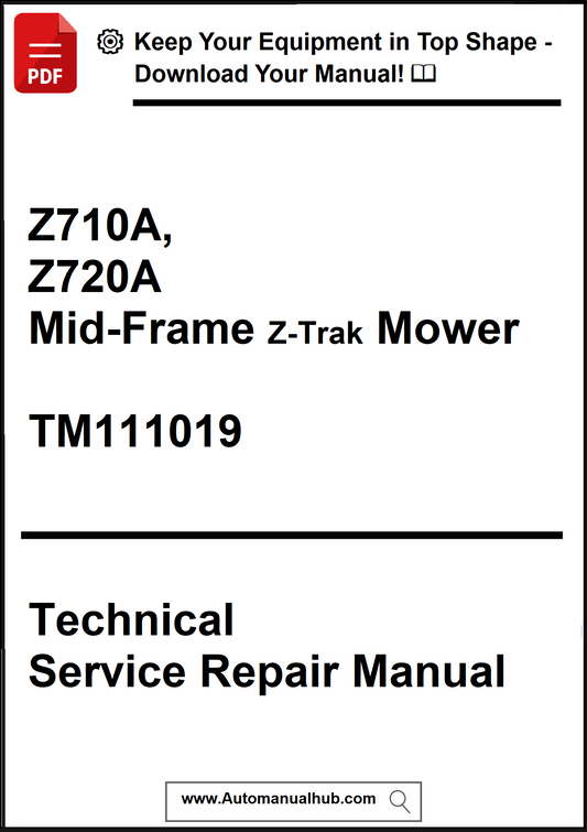 Technical service repair manual for Z710A and Z720A Mid-Frame Z-Trak Mower with a download offer.