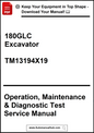 Manual cover for 180GLC Excavator Operation, Maintenance & Diagnostic Test Service Manual with promotional text.