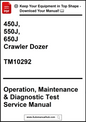 Manual cover for 450J, 550J, 650J Crawler Dozer with model number TM10292 on a white background.