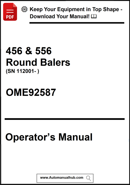Operator's manual for 456 & 556 Round Balers with a download prompt on a white background.