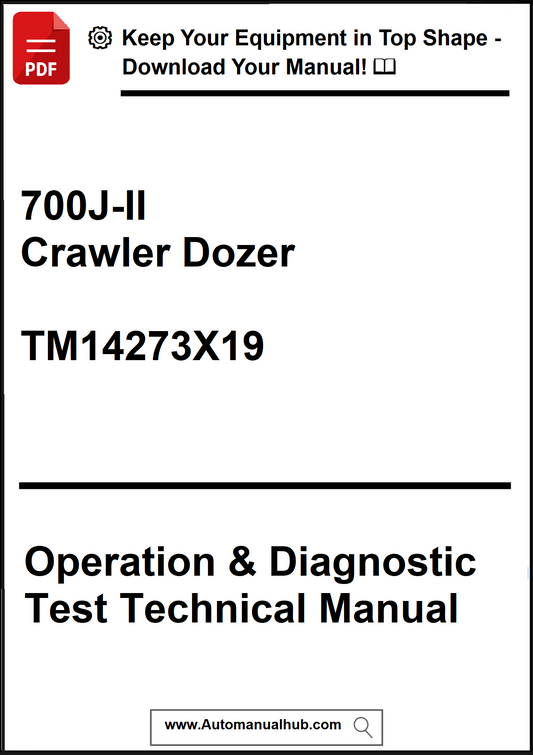 Technical manual cover for 700J-II Crawler Dozer with text and a download button.