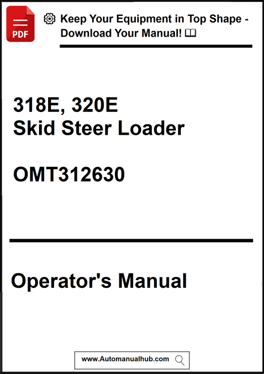 Operator's manual for 318E and 320E skid steer loaders with a download prompt at the top.