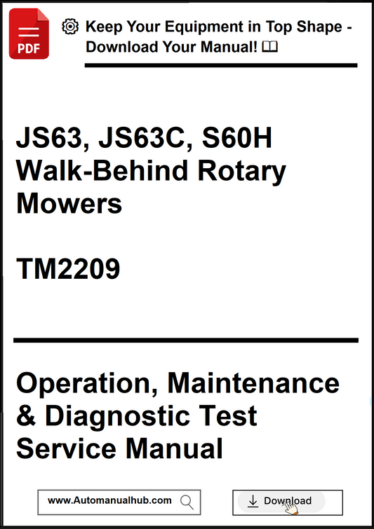 Manual cover for JS63, JS63C, S60H walk-behind rotary mowers with text about operation, maintenance, and diagnostic test service.