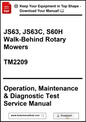 Manual cover for JS63, JS63C, S60H walk-behind rotary mowers with text about operation, maintenance, and diagnostic test service.