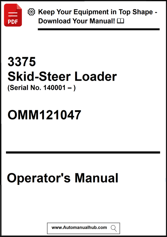 Operator's manual for a 3375 Skid-Steer Loader with serial number OMM121047 on a white background.