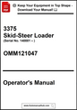 Operator's manual for a 3375 Skid-Steer Loader with serial number OMM121047 on a white background.