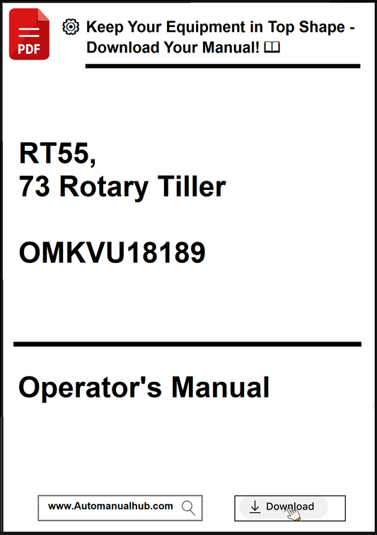 Operator's manual for RT55, 73 Rotary Tiller with download prompt.