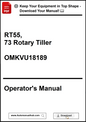 Operator's manual for RT55, 73 Rotary Tiller with download prompt.