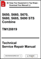Technical Service Repair Manual for agricultural equipment models S650 to S690 STS Combine, with a download prompt.
