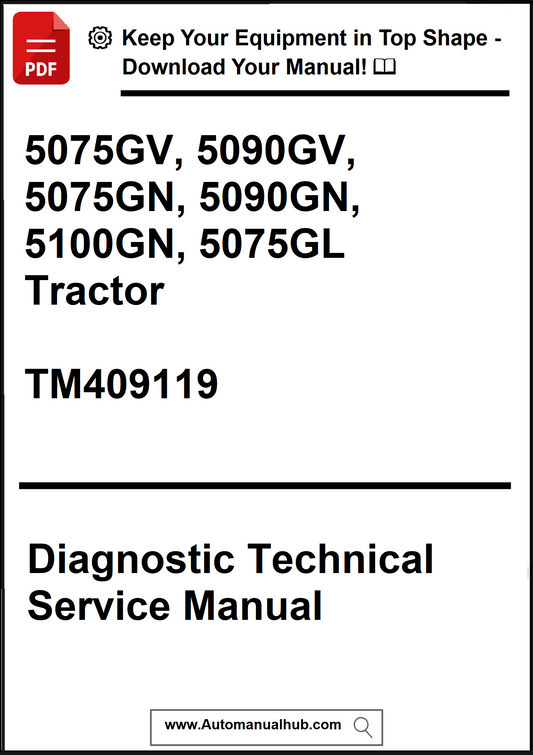 Diagnostic technical service manual for tractors with model numbers and a download prompt.