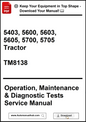 Manual cover for tractor operation, maintenance, and diagnostic tests with contact information.