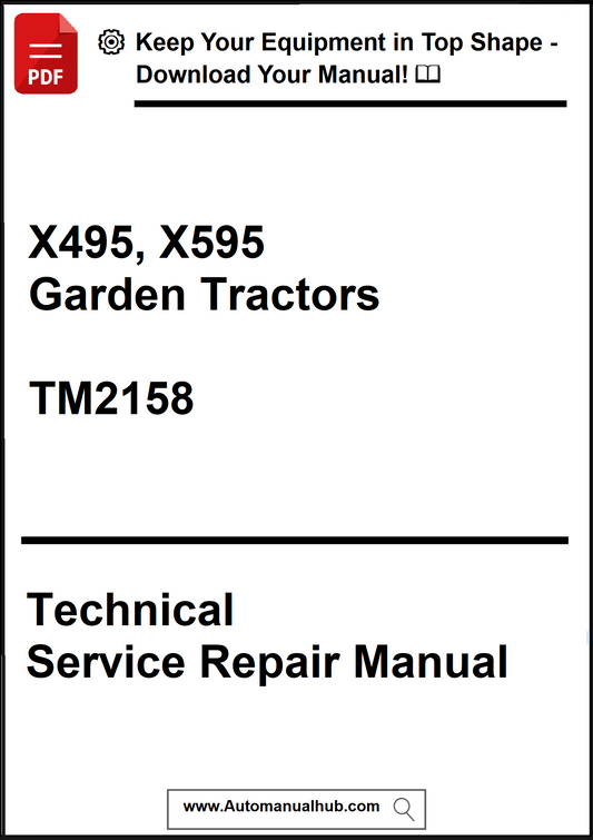 Technical service repair manual for X495 and X595 garden tractors with a download offer.