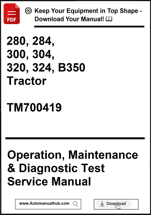 Manual cover for tractor operation, maintenance, and diagnostic test service with model numbers and website link.
