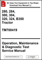 Manual cover for tractor operation, maintenance, and diagnostic test service with model numbers and website link.
