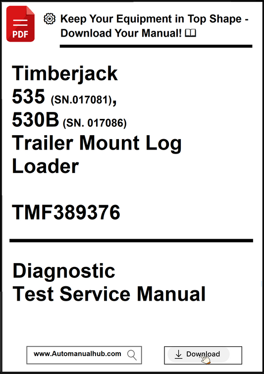 Diagnostic test service manual for Timberjack trailer mount log loader on a white background