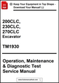 Manual cover for 200CLC, 230CLC, 270CLC excavator operation, maintenance, and diagnostic test service manual.