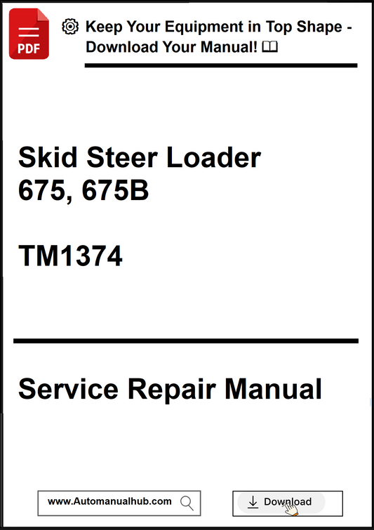 Service repair manual cover for Skid Steer Loader 675, 675B with download options.