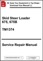 Service repair manual cover for Skid Steer Loader 675, 675B with download options.