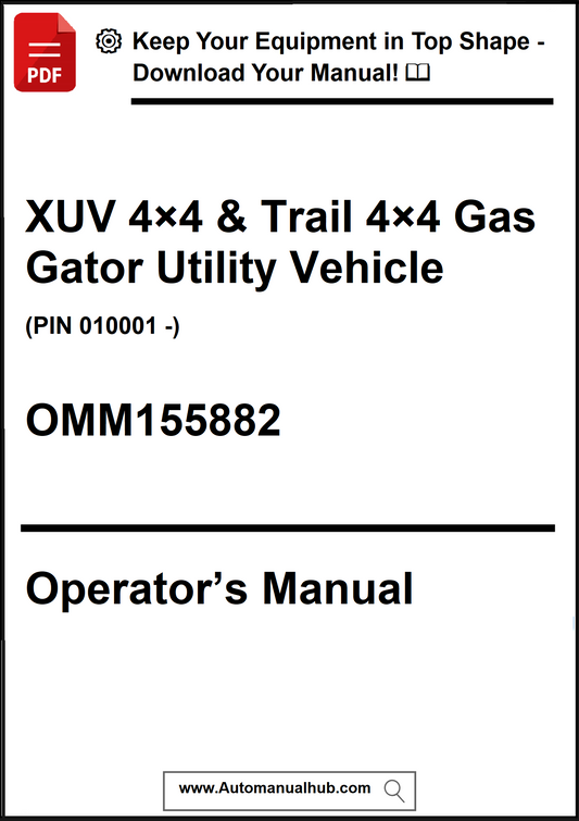 Operator's manual for XUV 4x4 & Trail 4x4 Gas Gator Utility Vehicle with a red PDF icon and download text.