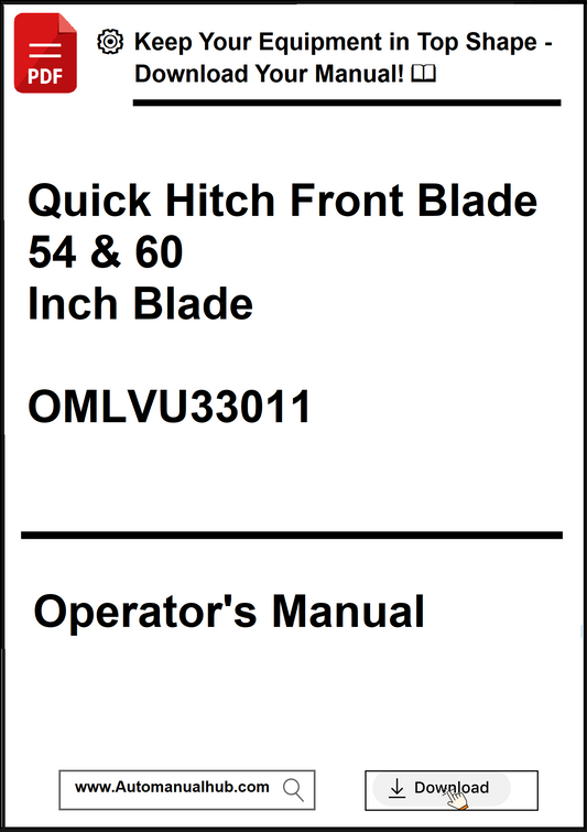 Operator's manual for a quick hitch front blade with blade size and model number on a white background.