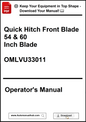 Operator's manual for a quick hitch front blade with blade size and model number on a white background.
