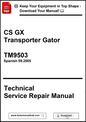 Technical Service Repair Manual for CS GX Transporter Gator TM9503 in Spanish, with download options.