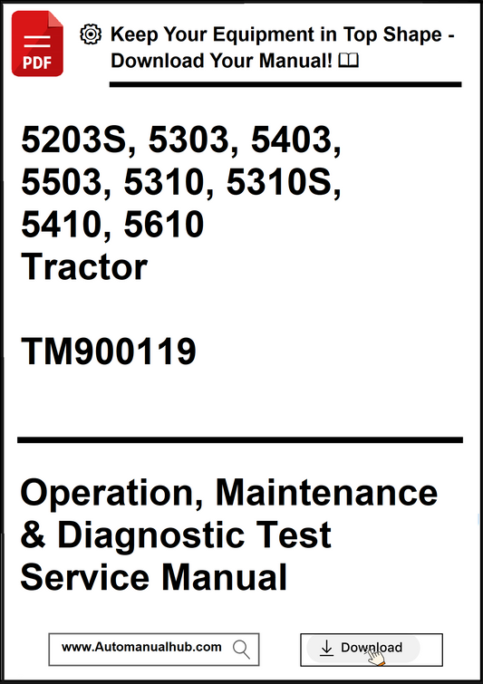 Manual cover for tractor operation, maintenance, and diagnostic test service with model numbers and website link.