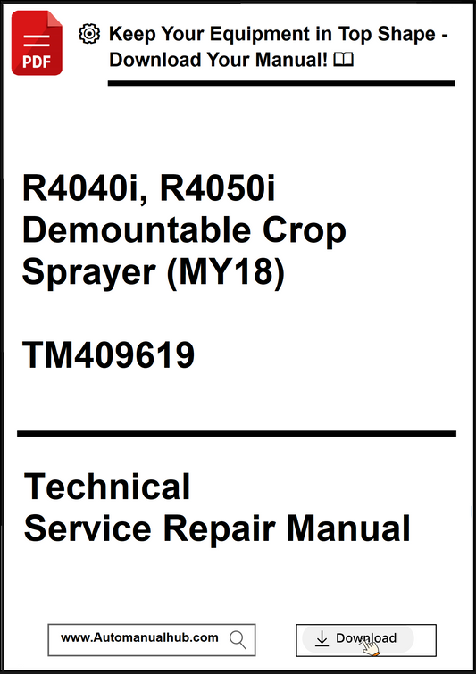 Technical service repair manual for R4040i and R4050i demountable crop sprayer, featuring a download button and website URL.