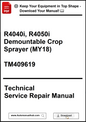 Technical service repair manual for R4040i and R4050i demountable crop sprayer, featuring a download button and website URL.