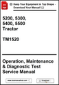Manual cover for 5200, 5300, 5400, 5500 Tractor Operation, Maintenance & Diagnostic Test Service Manual with download prompt.