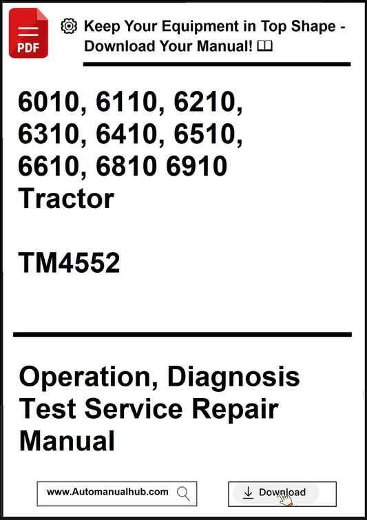 Manual cover for tractor repair with model numbers and manual details.