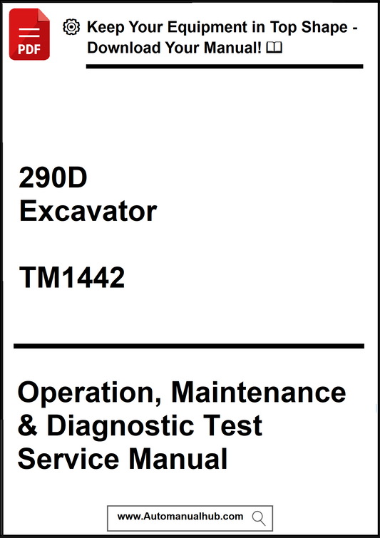 Manual cover for 290D Excavator TM1442 Operation, Maintenance & Diagnostic Test Service Manual with a red PDF icon.