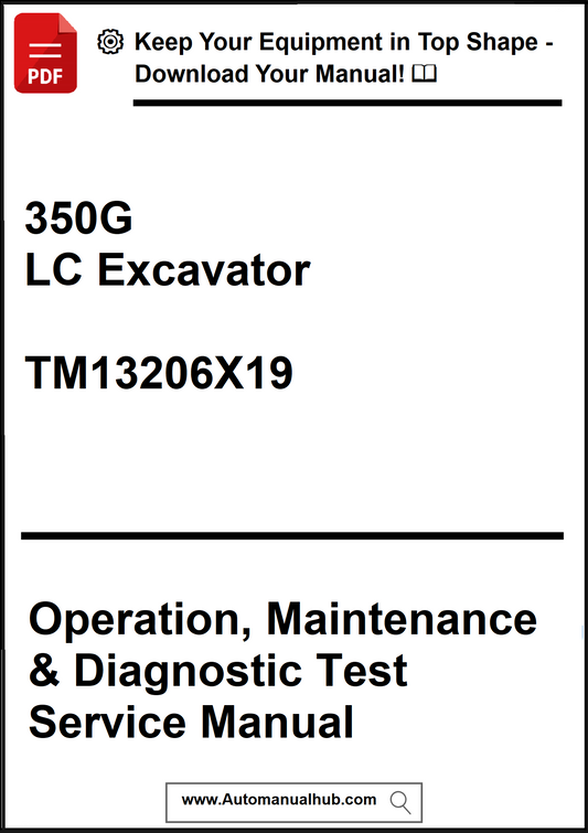 Manual cover for 350G LC Excavator Operation, Maintenance & Diagnostic Test Service Manual with promotional text.
