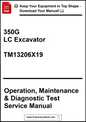Manual cover for 350G LC Excavator Operation, Maintenance & Diagnostic Test Service Manual with promotional text.