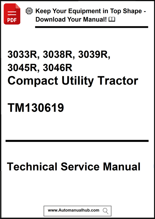 Technical service manual for compact utility tractors with a red PDF icon and website URL.